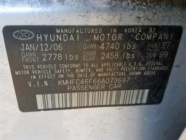 KMHFC46F66A073697 - 2006 HYUNDAI AZERA SE SILVER photo 10