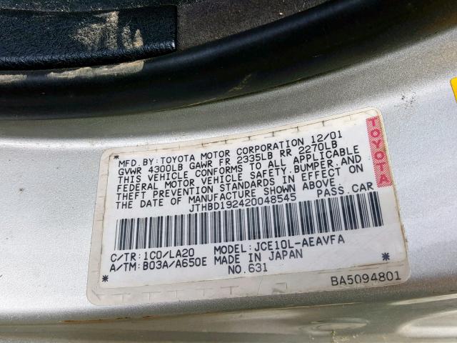 JTHBD192420048545 - 2002 LEXUS IS 300 SILVER photo 10