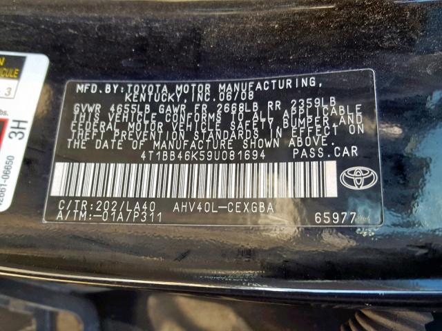 4T1BB46K59U081694 - 2009 TOYOTA CAMRY HYBR BLACK photo 10