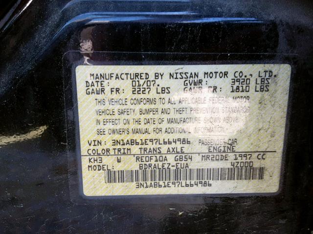 3N1AB61E97L664986 - 2007 NISSAN SENTRA 2.0 BLACK photo 10