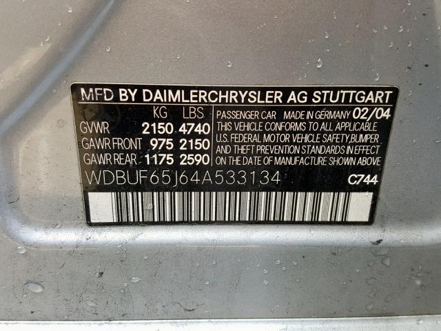 WDBUF65J64A533134 - 2004 MERCEDES-BENZ E 320 SILVER photo 10