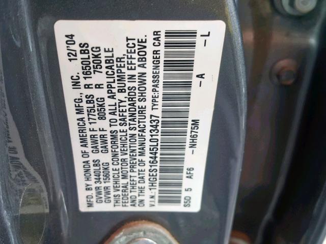 1HGES16445L013437 - 2005 HONDA CIVIC DX GRAY photo 10