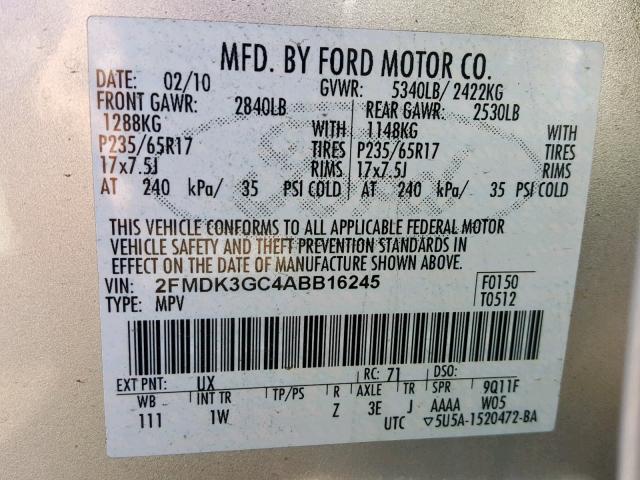 2FMDK3GC4ABB16245 - 2010 FORD EDGE SE SILVER photo 10