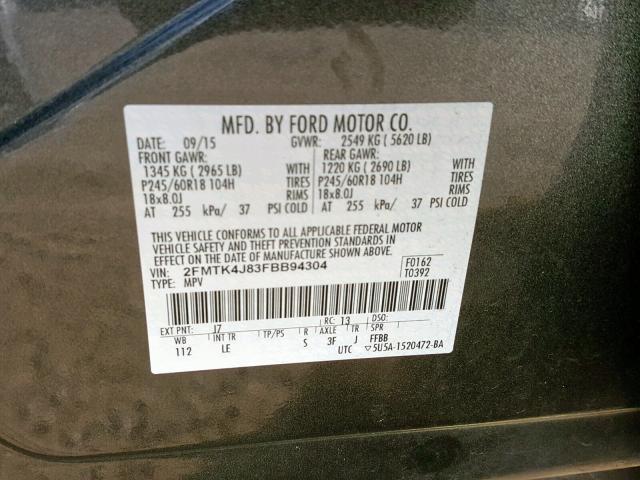 2FMTK4J83FBB94304 - 2015 FORD EDGE SEL BLACK photo 10