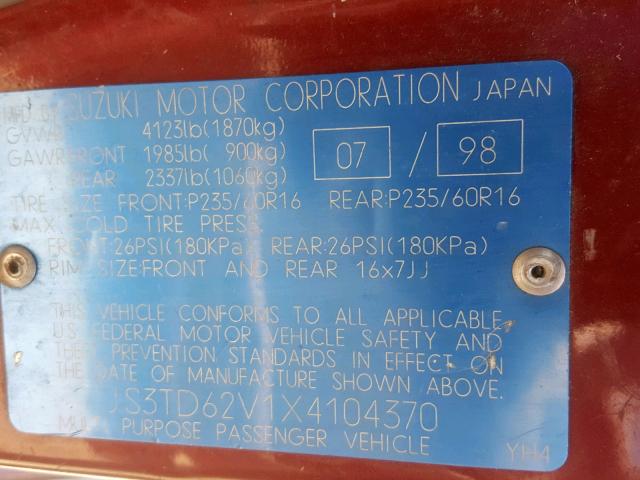 JS3TD62V1X4104370 - 1999 SUZUKI GRAND VITA RED photo 10