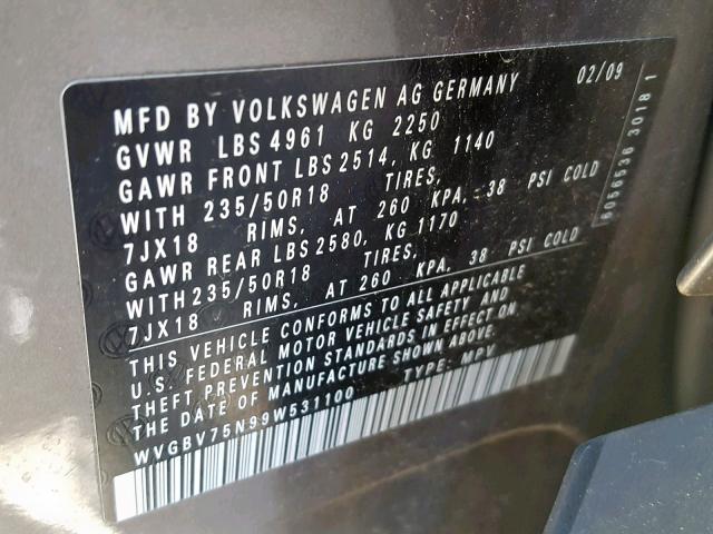 WVGBV75N99W531100 - 2009 VOLKSWAGEN TIGUAN SE GRAY photo 10