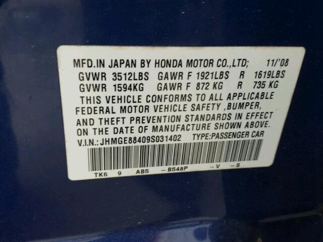 JHMGE88409S031402 - 2009 HONDA FIT BLUE photo 10