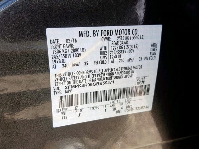 2FMPK4K99GBB59471 - 2016 FORD EDGE TITAN CHARCOAL photo 10