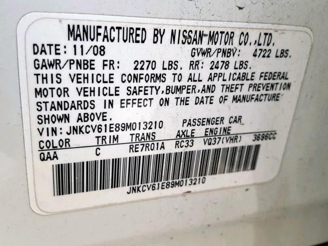 JNKCV61E89M013210 - 2009 INFINITI G37 BASE WHITE photo 10