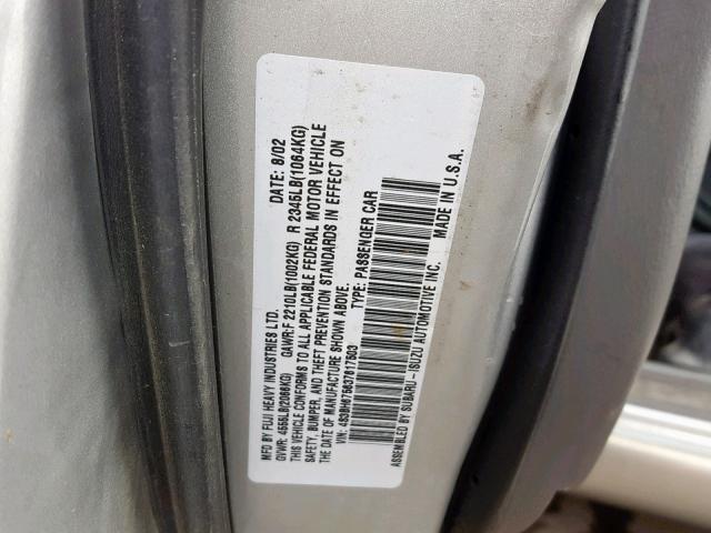 4S3BH675637617503 - 2003 SUBARU LEGACY OUT SILVER photo 10