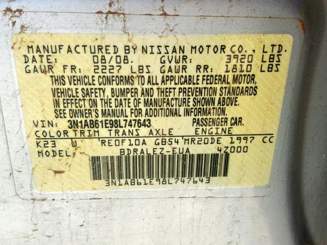 3N1AB61E98L747643 - 2008 NISSAN SENTRA 2.0 SILVER photo 10