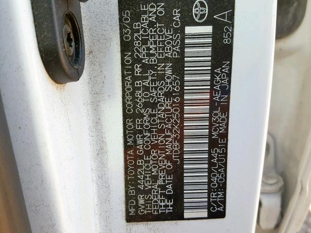 JTDBF32K250161657 - 2005 TOYOTA CAMRY LE WHITE photo 10