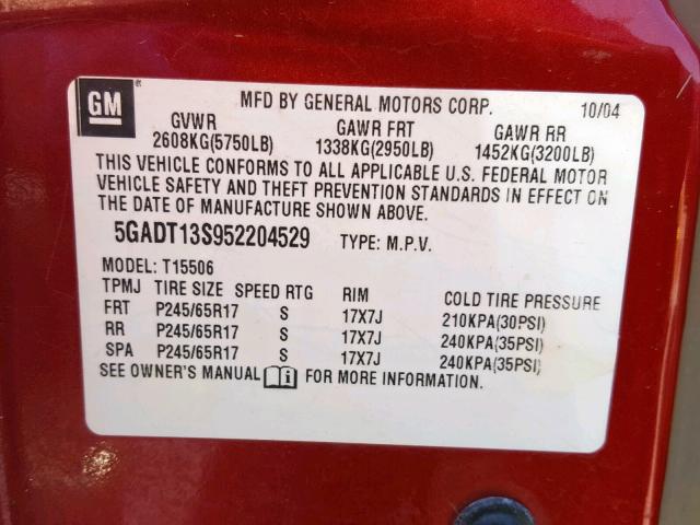 5GADT13S952204529 - 2005 BUICK RAINIER CX RED photo 10