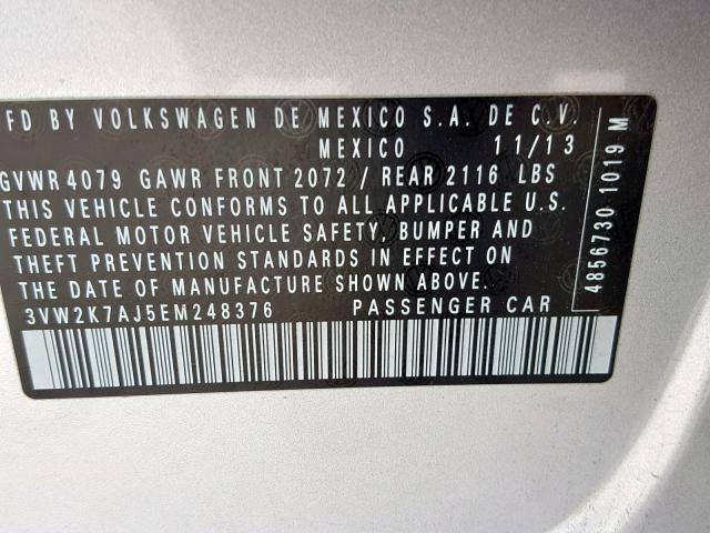 3VW2K7AJ5EM248376 - 2014 VOLKSWAGEN JETTA BASE SILVER photo 10