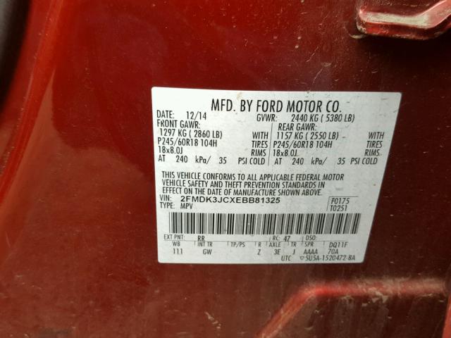 2FMDK3JCXEBB81325 - 2014 FORD EDGE SEL RED photo 10