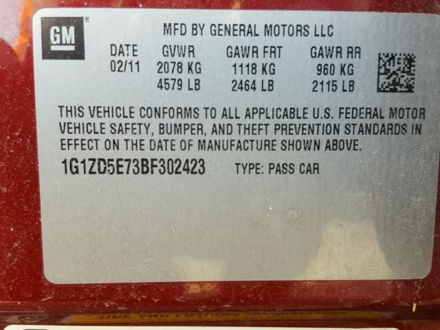 1G1ZD5E73BF302423 - 2011 CHEVROLET MALIBU 2LT MAROON photo 10