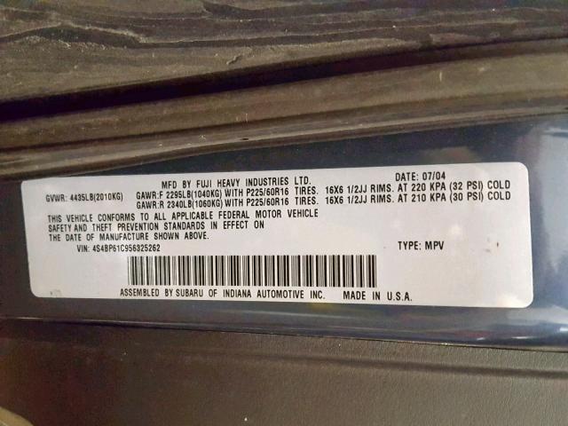 4S4BP61C956325262 - 2005 SUBARU LEGACY OUT BLUE photo 10