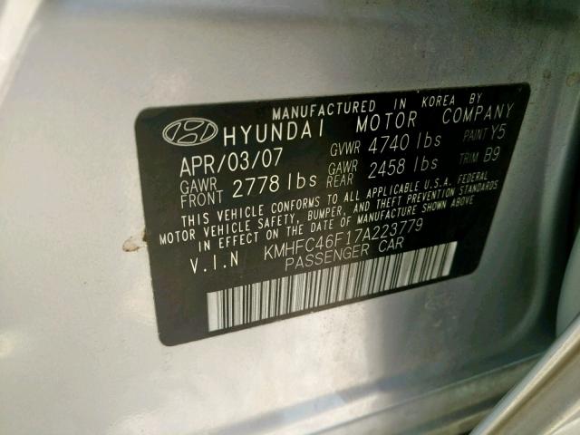 KMHFC46F17A223779 - 2007 HYUNDAI AZERA SE SILVER photo 10