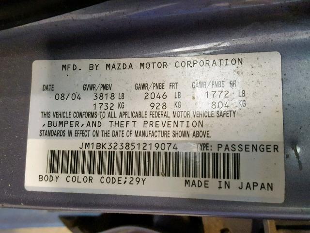 JM1BK323851219074 - 2005 MAZDA 3 S GRAY photo 10