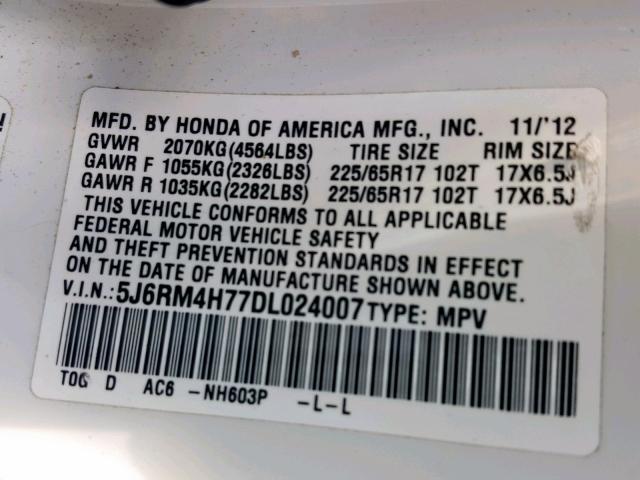 5J6RM4H77DL024007 - 2013 HONDA CR-V EXL WHITE photo 10