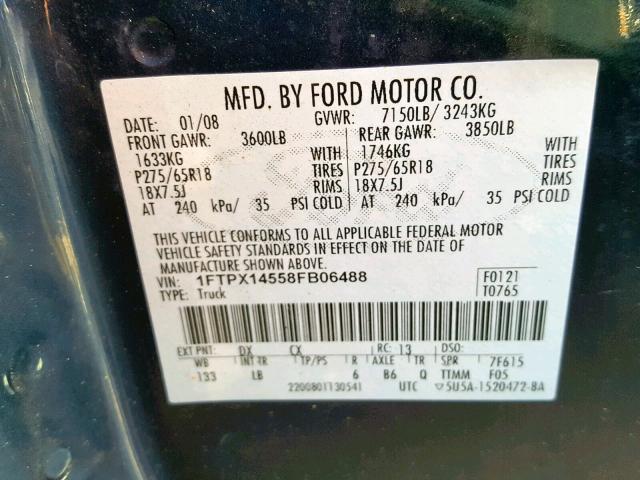 1FTPX14558FB06488 - 2008 FORD F150 BLUE photo 10