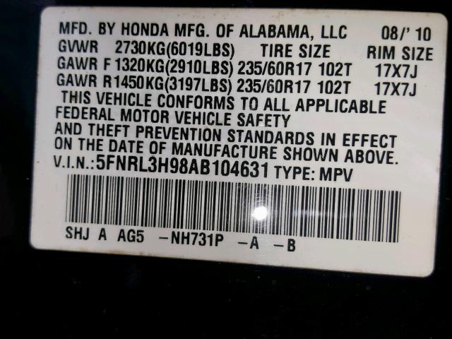 5FNRL3H98AB104631 - 2010 HONDA ODYSSEY TO BLACK photo 10