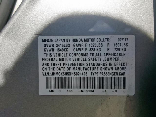 JHMGK5H5XHS021426 - 2017 HONDA FIT LX SILVER photo 10