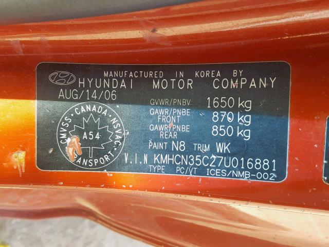 KMHCN35C27U016881 - 2007 HYUNDAI ACCENT BAS ORANGE photo 10