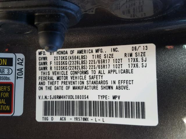 5J6RM4H7XDL080054 - 2013 HONDA CR-V EXL GRAY photo 10