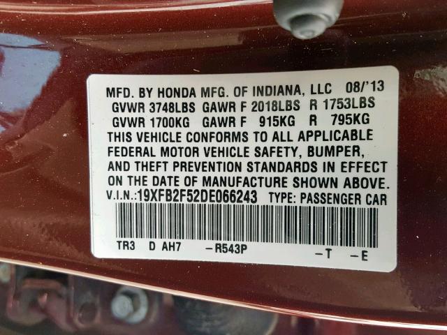 19XFB2F52DE066243 - 2013 HONDA CIVIC LX MAROON photo 10