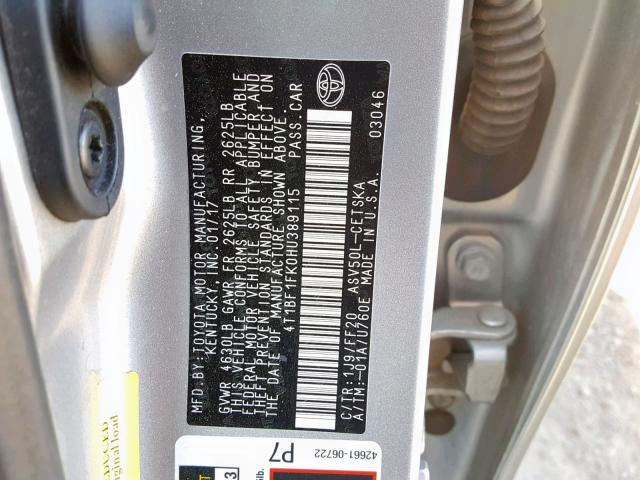 4T1BF1FK0HU389115 - 2017 TOYOTA CAMRY LE SILVER photo 10