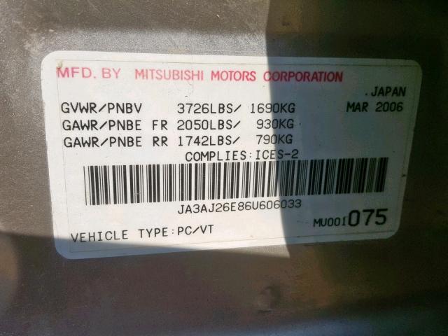 JA3AJ26E86U606033 - 2006 MITSUBISHI LANCER ES SILVER photo 10