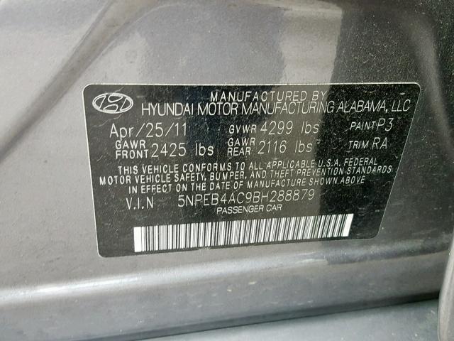 5NPEB4AC9BH288879 - 2011 HYUNDAI SONATA GLS GRAY photo 10