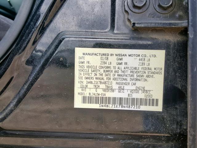 1N4BL21E78N487210 - 2008 NISSAN ALTIMA 3.5 BLACK photo 10