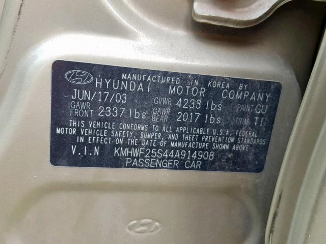 KMHWF25S44A914908 - 2004 HYUNDAI SONATA GL GOLD photo 10