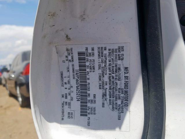 1FAFP56U76A252124 - 2006 FORD TAURUS SEL WHITE photo 10