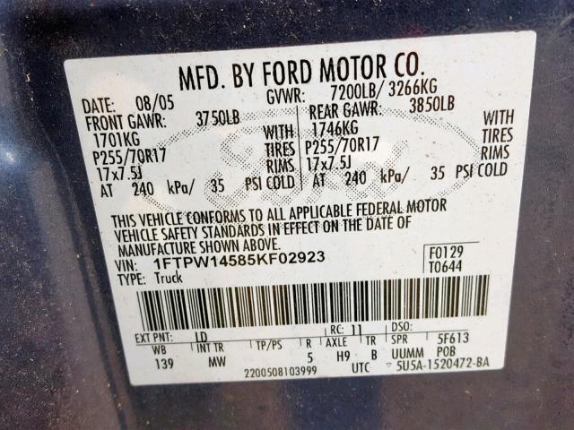 1FTPW14585KF02923 - 2005 FORD F150 SUPER BLUE photo 10