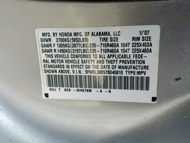 5FNRL38857B040810 - 2007 HONDA ODYSSEY TO SILVER photo 10