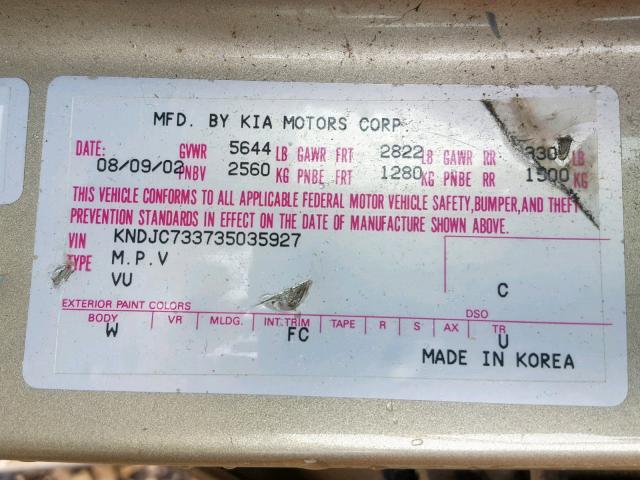 KNDJC733735035927 - 2003 KIA SORENTO EX GOLD photo 10