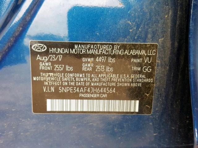 5NPE34AF4JH644564 - 2018 HYUNDAI SONATA SPO BLUE photo 10