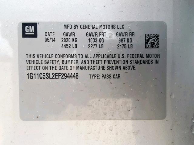 1G11C5SL2EF294448 - 2014 CHEVROLET MALIBU 1LT SILVER photo 10