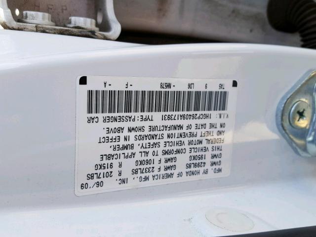 1HGCP26409A173931 - 2009 HONDA ACCORD LXP WHITE photo 10