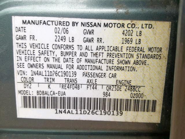 1N4AL11D26C190139 - 2006 NISSAN ALTIMA S GREEN photo 10