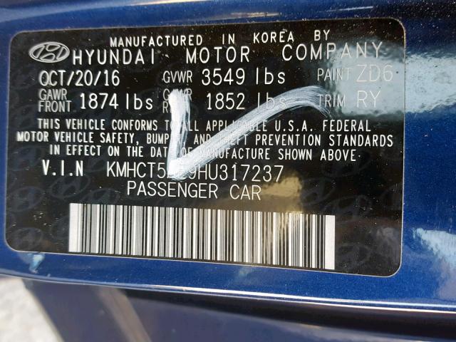 KMHCT5AE9HU317237 - 2017 HYUNDAI ACCENT SE BLUE photo 10