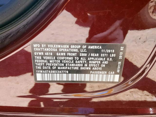 1VWAS7A38EC047778 - 2014 VOLKSWAGEN PASSAT S BURGUNDY photo 10