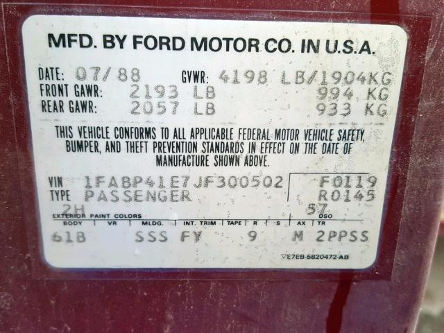 1FABP41E7JF300502 - 1988 FORD MUSTANG LX RED photo 10