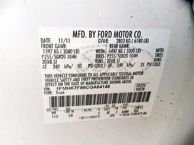 1FMHK7F86CGA64148 - 2012 FORD EXPLORER L WHITE photo 10