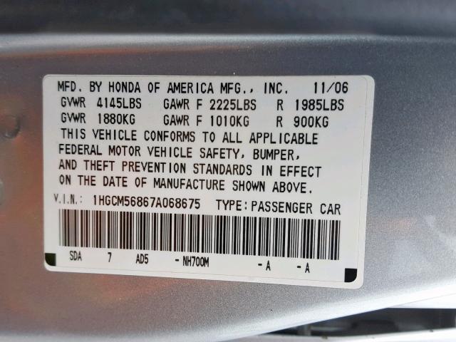 1HGCM56867A068675 - 2007 HONDA ACCORD EX SILVER photo 10