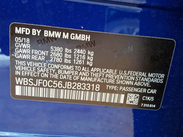 WBSJF0C56JB283318 - 2018 BMW M5 BLUE photo 10