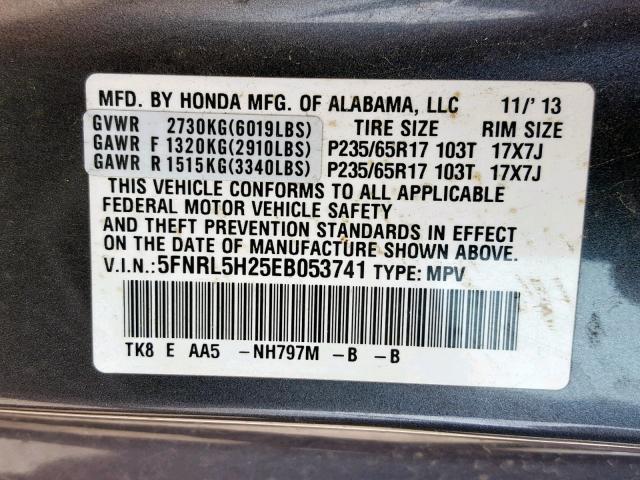 5FNRL5H25EB053741 - 2014 HONDA ODYSSEY LX GRAY photo 10